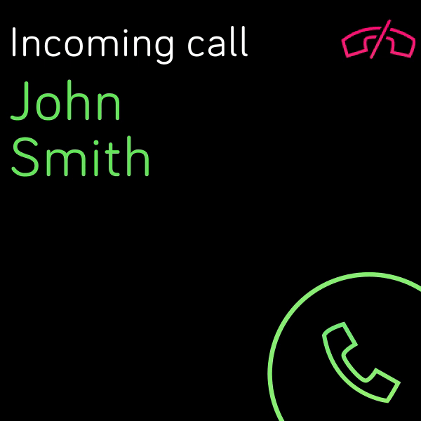 Animation of the device screen with an incoming call from John Smith